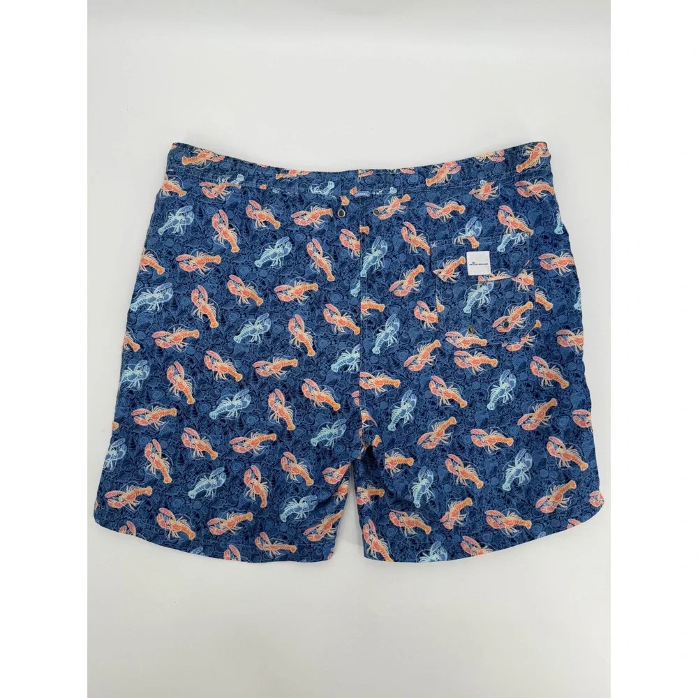 Peter Millar Mens Navy Blue Lobster Shell Print Swim Trunks Mesh Lined Large